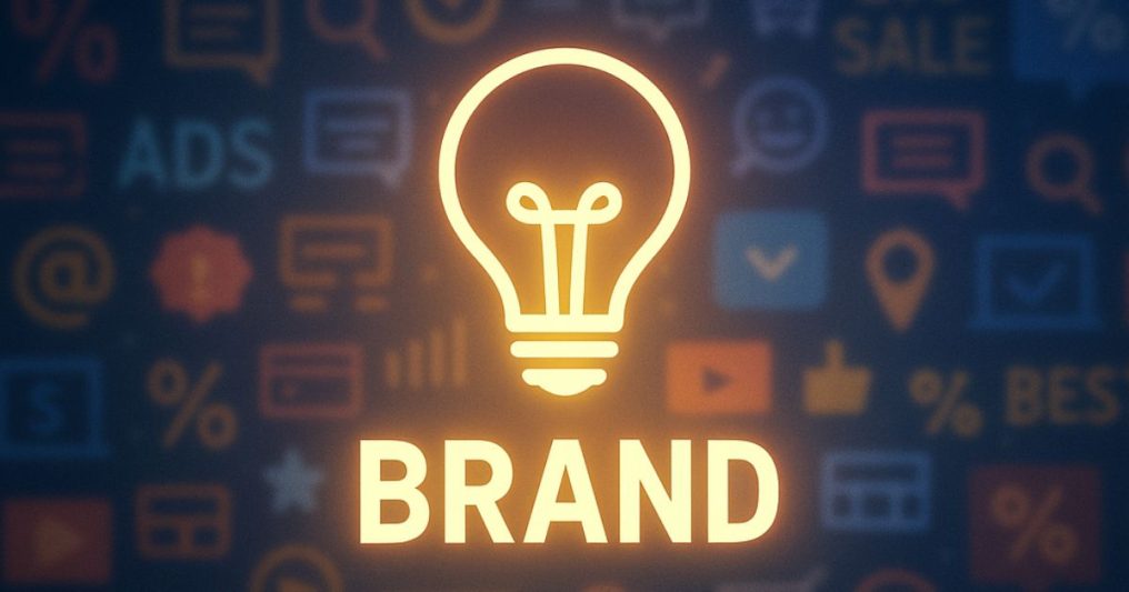 A glowing light bulb icon with the word "BRAND" underneath stands out against a background filled with marketing and advertising icons, symbolizing branding and creative strategy.
